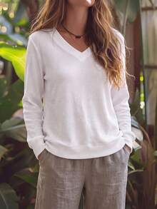 SHEIN LUNE Women's Solid Color V-Neck Long Sleeve Casual Versatile Sweatshirt - White - View 3