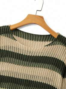 STEELVANCE Sweater Lengan Panjang Bergaris Berongga untuk Pria, Gaya Streetwear, untuk Liburan - Hijau Tentara - View 3