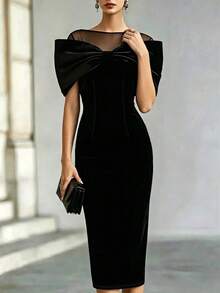 Balvessa Elegant Women's Mid-Length Dress Spring Summer Autumn Black Velvet Holiday Date Party Cocktail Banquet Bowknot Decor Mesh Patchwork - Black - View 5