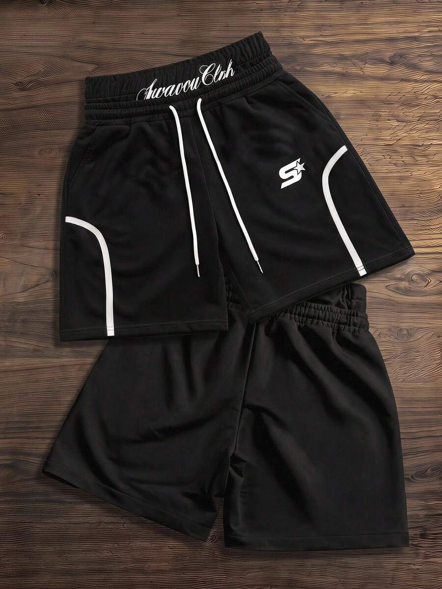 SWAVVY Men's Double Waistband Letter Print Short Sweatpants - Black - View 1
