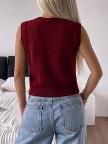 SHEIN EZwear 女款淡黃色圓領針織開襟背心 - 酒紅色 - 查看 2