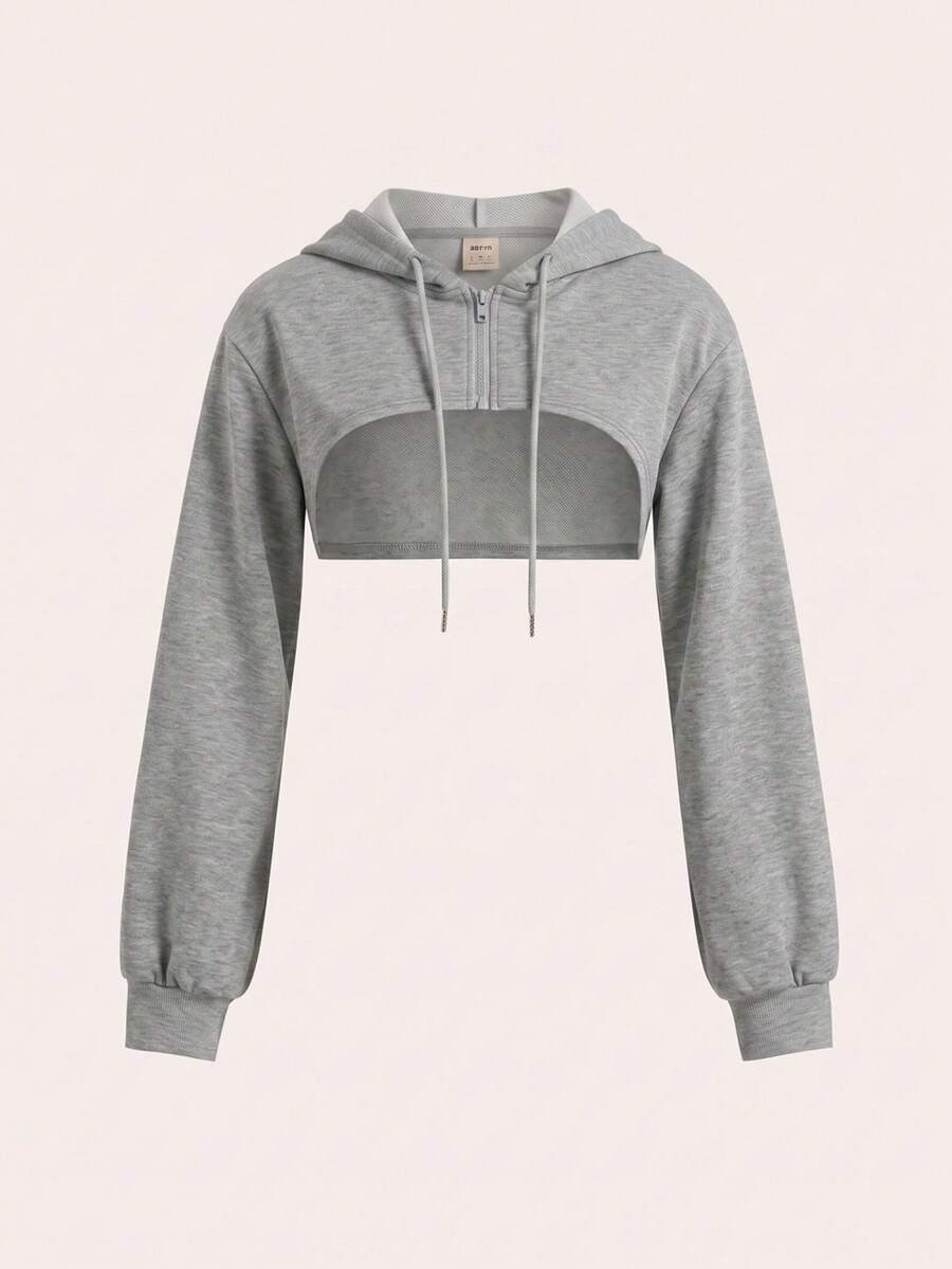 SHEIN EZwear 女款落肩拉鍊抽繩短版運動衫,不含內搭背心,淺灰色,秋冬款 - 淺灰色 - 查看 1