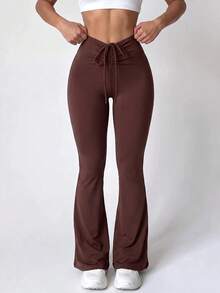 Dewbera Dewbera Women's Dark Brown Drawstring Ruched Flare Leggings For Dating And Travel - Multicolor - View 3
