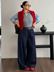 Dazy Plus Celana Jeans Denim Panjang Model Lurus Warna Biru Tua Polos, Serbaguna, Cocok untuk Perjalanan Sehari-hari di Musim Semi, Gugur, dan Musim Dingin - Dark Wash - View 3