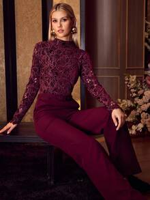 MOTF PREMIUM ELEGANT SLIMMING HOLLOW LACE PATCHWORK LONG SLEEVE WOMEN JUMPSUIT - Red Violet - View 8