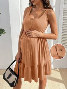 GentleRue Maternity Maternity Nursing Dress With Functional Buttons And Ruffle Hem - Orange - View 5