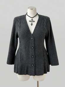 Sunspun Desain Busana Musim Gugur/Dingin: Sweater Kardigan Abu-abu Gelap dengan Lengan Mengembang dan Hiasan Rumbai - Grey - View 1