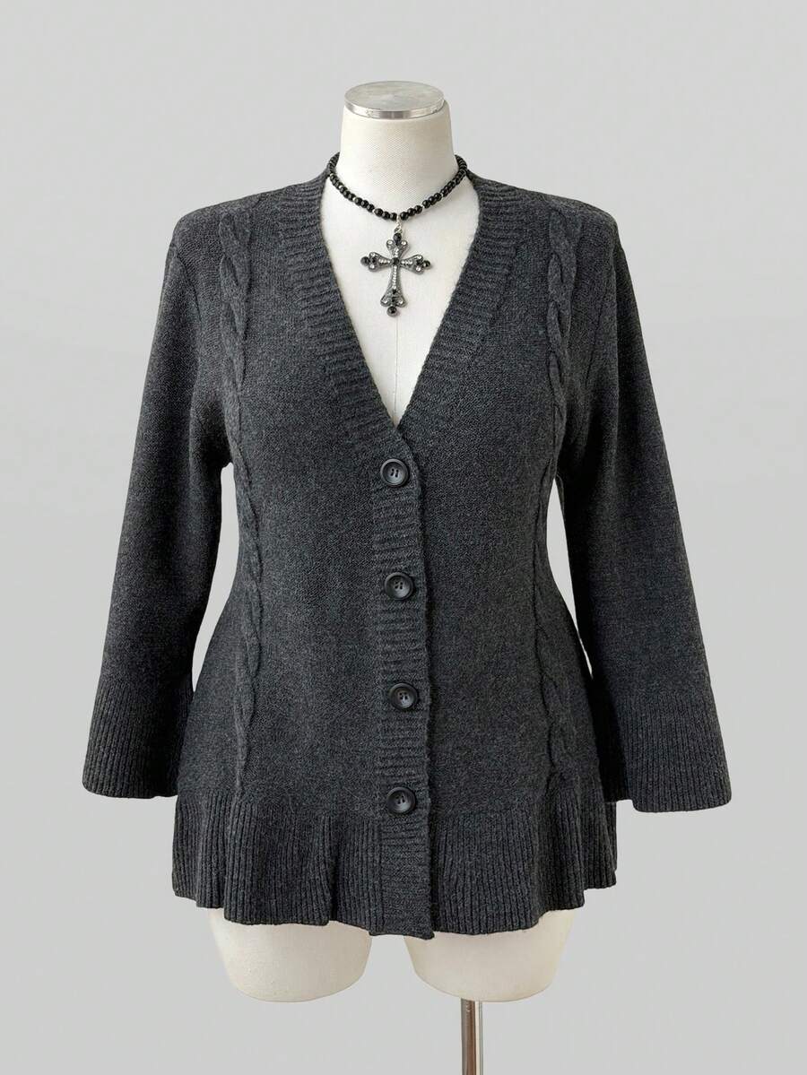 Sunspun Desain Busana Musim Gugur/Dingin: Sweater Kardigan Abu-abu Gelap dengan Lengan Mengembang dan Hiasan Rumbai - Grey - View 1