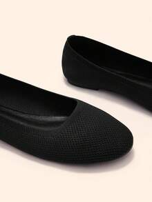 CUCCOO BASICS Women Black Knit Round Toe Flats Comfortable Slip On Ballet Shoes Fall Shoes - Black - View 2