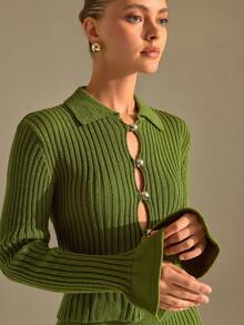 CLARA VERO Khaki Button Front Fluted Sleeve Knit Midi Set, Fitted, Ideal For Modern - Khaki - View 5