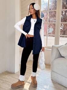 SHEIN EZwear 1件女款純色鈕扣前襟無袖口袋休閒背心，秋冬日常穿著 - 藏蓝色 - 查看 7