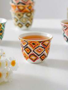 8pcs Bohemian Ikat Diamond & Zigzag Pattern Ceramic Tea Cup Set, Per Color Stackable Hand-Painted Mini Porcelain Mug, Suitable For Coffee, Kung Fu Tea, Home Gift - Multicolor - View 4
