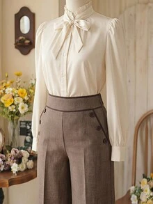 Vintamour 復古商務休閒優雅女款對比鈕扣雙排扣度假西裝長褲 辦公通勤褲 2026秋季返校棕色 - 棕色 - 查看 4