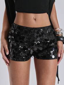 ACID BLVD Women Carnival Party Black Glitter Sequin Sexy Low Waist Stretchy Mini Shorts - Black - View 4