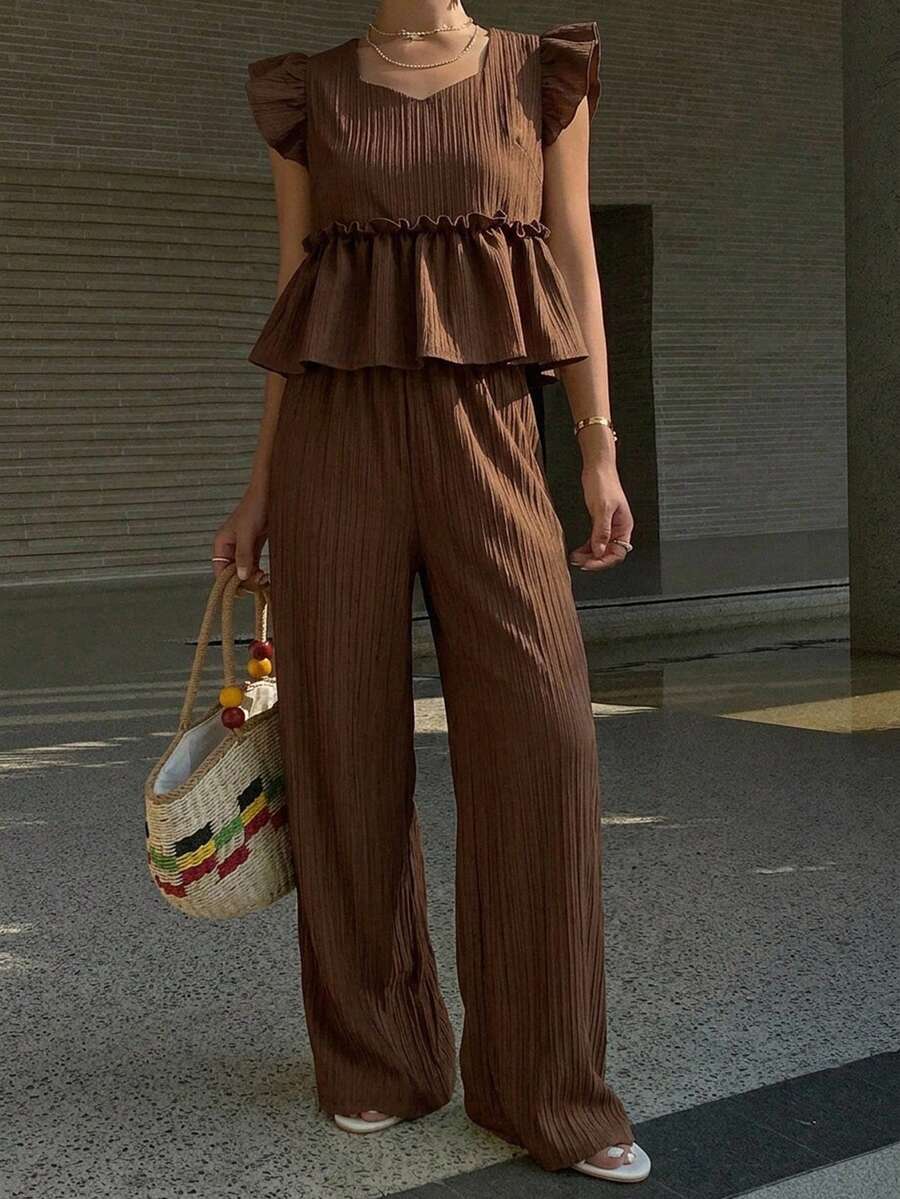 DAZY 春夏女款優雅休閒純色荷葉邊背心與寬腿長褲兩件套,適合早午餐、度假,咖啡棕色 - 棕色 - 查看 1