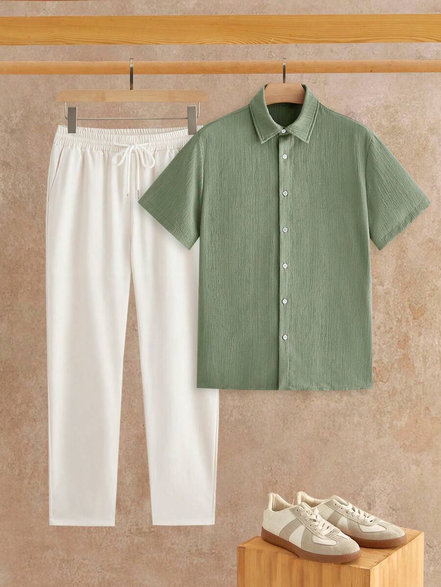 HIMLAND Men's Solid Color Short Sleeve Shirt And Long Pants Casual Daily Outfit - Multicolor - View 1