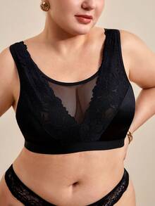 Hourtrue Plus Size Women's Soft Breathable Wireless Lace Bra, Full Coverage Comfortable Solid Color Camisole - Black - View 6