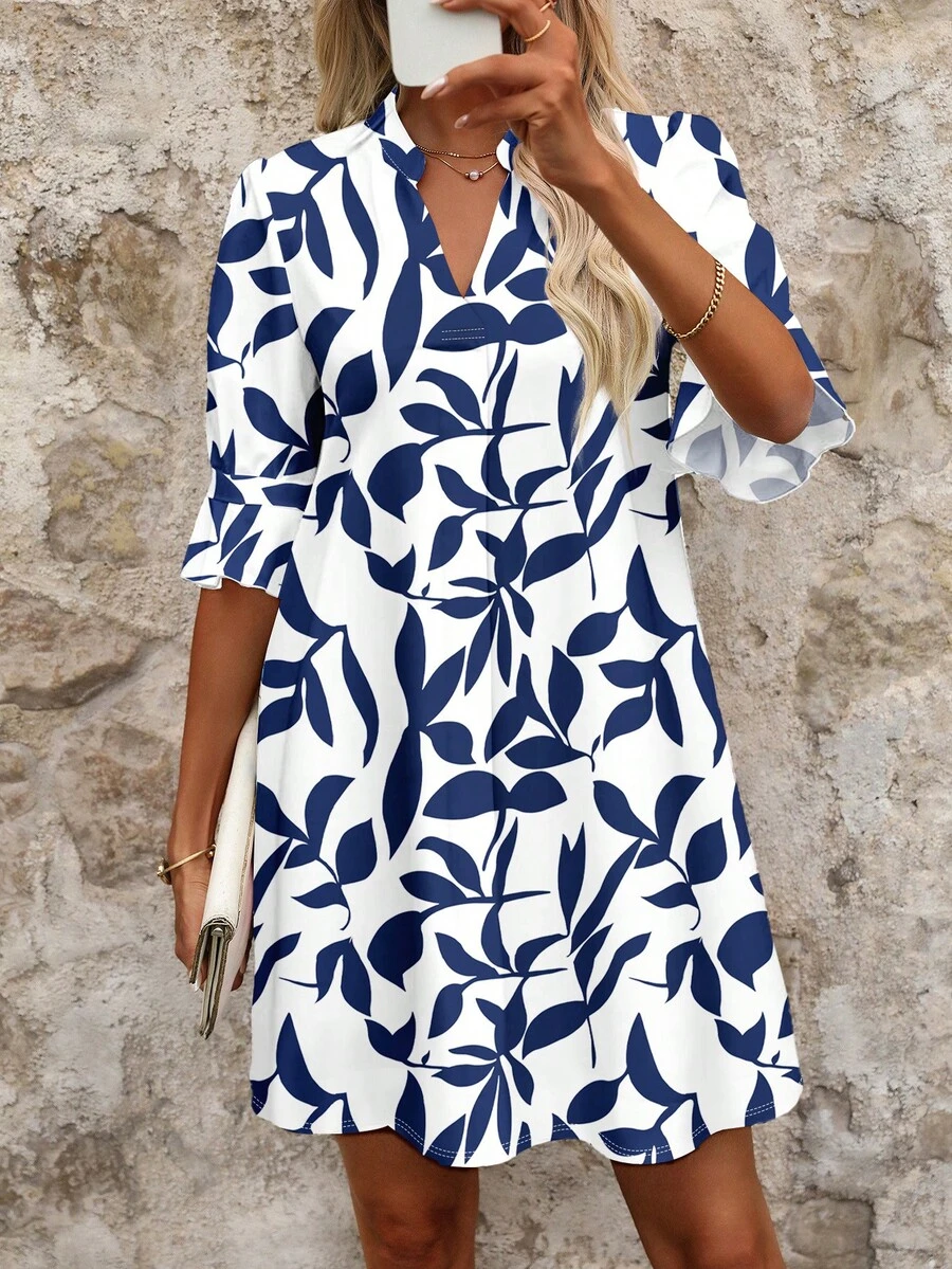 SHEIN Clasi Women's V-Neck All-Over Print Casual Daily Summer Dress Modern Urban Fashion Business Casual Office Wear, Low-Key Old Money Style Elegant - Multicolor - View 1