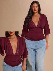 SHEIN BAE CURVE 大尺碼女款深V領蕾絲拼接休閒日常上衣 - 酒紅色 - 查看 7