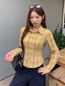 DAZY 女款格紋修身腰短袖領口休閒度假夏季襯衫上衣 - 黃色 - 查看 6