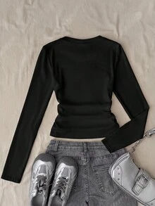 Teen Girls Solid Color Star Pattern Pleated Knit Tank Top, Suitable For Casual Wear, Winter - Black - View 2