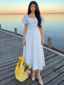 Modelyn 女士黄色梭织短袖收腰A字褶皱优雅浪漫中长连衣裙，春夏款 - 藍色 - 查看 14