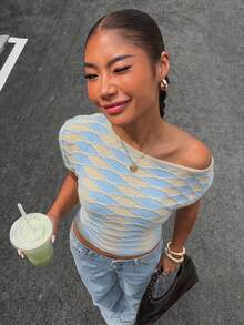Muchica 女款休閒 Y2K 貝殼鈕扣露肩修身上衣，夏季極簡藍色短袖襯衫，適合通勤、約會、度假風格 - 彩色 - 查看 6
