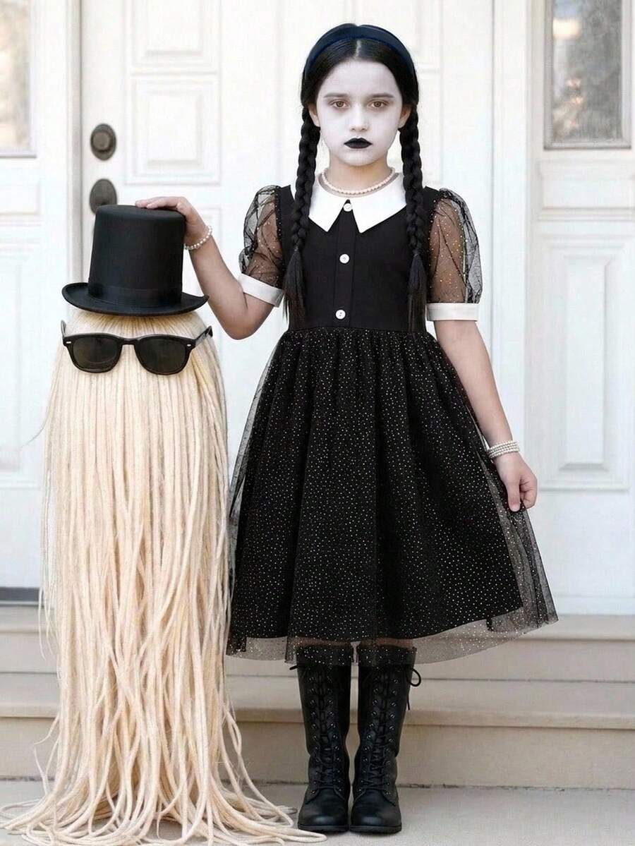 SHEIN Tween女孩百搭舒適童款彼得潘領襯衫，適合秋冬穿著，萬聖節派對黑色與白色優雅哥德風 - 黑色 - 查看 1