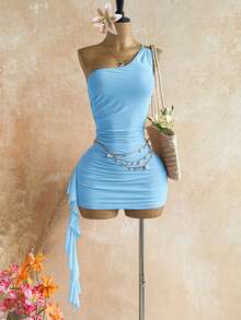 Soleia Women's Sexy Asymmetrical Shoulder Ruched Ruffle Dress With Asymmetrical Mesh Top 2 Pieces Set For Vacation - Blue - View 5
