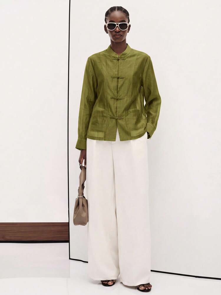 Aveloria Modichic Satin Knotted Button Shirt Women's Top, Round Neck Long Sleeve Cuffed, Chest Pocket, Straight Hem Women's Top - Olive Green - View 2