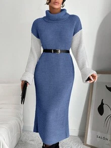 EURMUSE 女士休闲撞色落肩长袖针织毛衣裙，秋冬 - 藏蓝色 - 查看 3