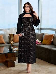 Modelyn Women's Plus Size Black Lace Patchwork Hollow Out Dress - Black - View 7