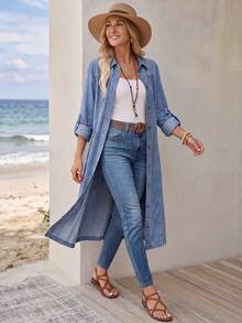 EMERY ROSE Women's Single-Breasted Casual Everyday Denim Top Fall/Winter - Blue - View 6