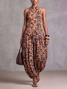 Zivah New Women's Elegant Brown Floral Print Halter Top + Lantern Pants Set, Palace Style Vintage Romantic Bohemian Holiday Loose Commute Vacation Autumn Outfit New Chinese New Year Party Set - Multicolor - View 9