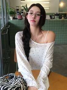 Dazy Tall Women's Large Scoop Neck Long Sleeve Polka Dot Casual Pullover T-Shirt Fall - White - View 10