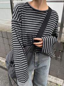 Dazy Tall Women's Round Neck Long Sleeve Loose Striped Street Casual T-Shirt Cute Tops - Grey - View 15