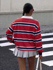 Muchica 休閒運動風拼色白色女款 Polo 領紅藍條紋字母圖案印花長袖寬鬆運動衫，適合秋冬，學院風 - 彩色 - 查看 2