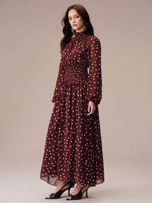 BELROSIE Autumn White Polka Dot Contrast Print Chiffon Shirred Waist Stand Collar Long Sleeve Full Skirt Women's Dress, Elegant Vintage Brunch Tea Party - Multicolor - View 4