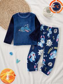 Boys Blue Plush Printed Long Sleeve Pants Casual Comfortable 2 Pieces Loungewear Set - Multicolor - View 3