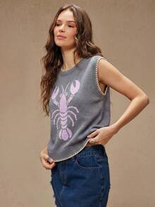 WESTFADE Round Neck Multi-Stitch Summer Lobster Intarsia Knit Vest, Spring Break Vacation Style - Dusty Purple - View 2