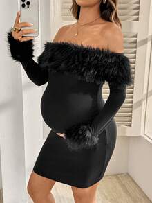 SHEIN Maternity Patchwork Faux Fur Off-Shoulder Long Sleeve Fitted Elegant Dress Fall - Black - View 1