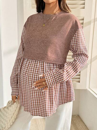 SHEIN Maternity Patchwork Plaid Round Neck Drop Shoulder Long Sleeve Casual Sweatshirt Winter