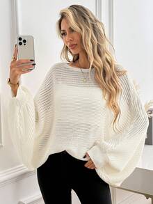 SHEIN Sweater Rajut Wanita Gaya Kelelawar Berongga, Modis, Kasual, Klasik, Serbaguna, Cocok untuk Liburan, Makan Siang, Warna Krem Putih, Musim Gugur - Aprikot - View 3