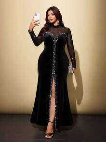 Viva Relle Đầm dài nữ size lớn phối patchwork lưới xuyên thấu đính đá rhinestone, phong cách thanh lịch lãng mạn, phù hợp cho tiệc chiêu đãi, dạ hội, tiệc tùng và các dịp khác - màu đen - Xem 2
