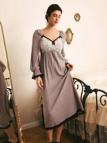 Côtesoire Women's Lace Patchwork Pleated Casual Daily Home Sleep Dress - Pink - View 4