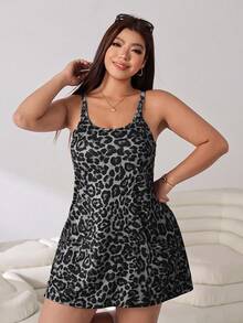 Solflare Gaun Camisole Kasual Motif Leopard Dua Saku untuk Wanita Ukuran Besar - Dark Grey - View 4