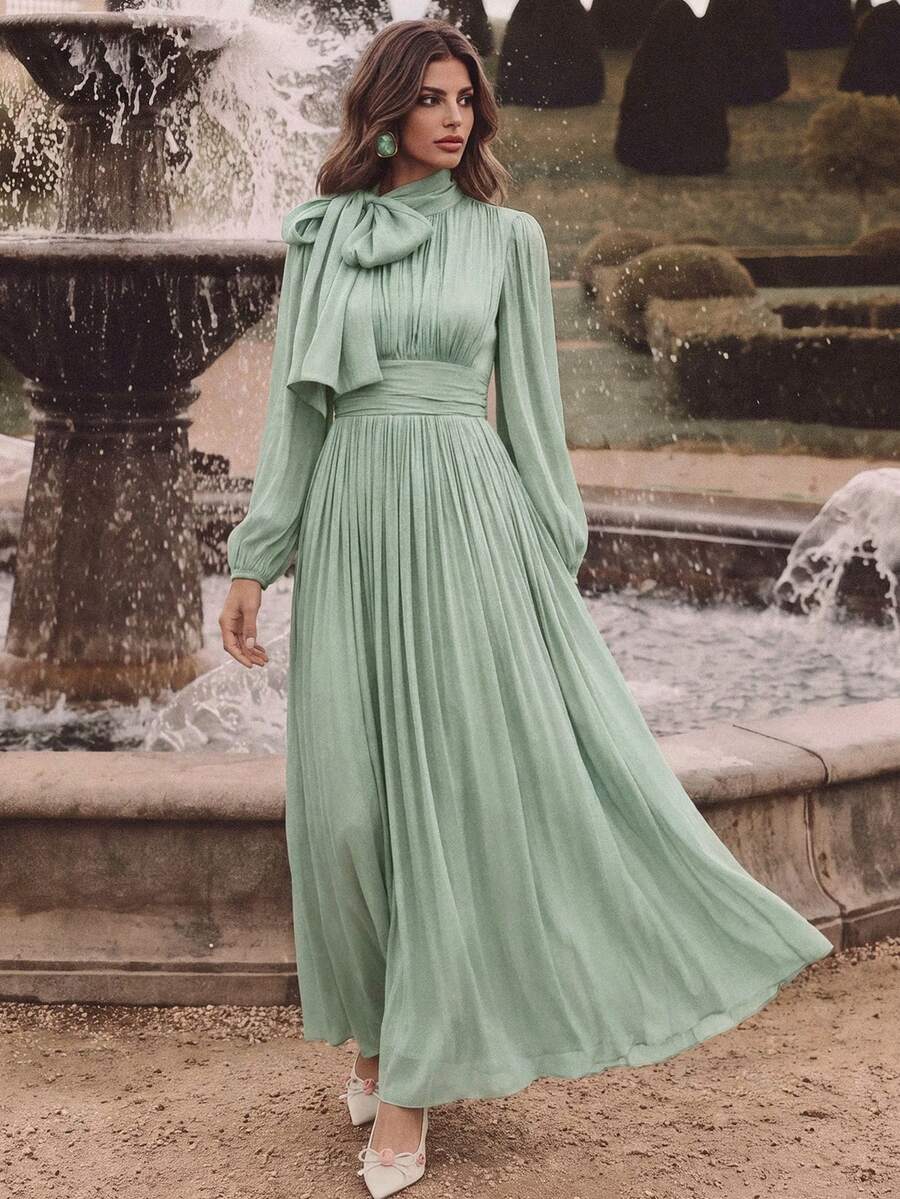 Anewsta Essential Women's Long Dress With Waist Ruffle, Shiny & Elegant Versatile Style, Spring/Autumn