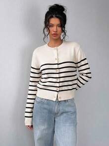 SHEIN BASICS 女款休閒法式海岸風黑白條紋針織衫 ( )，優雅秋季/約會早午餐日間、正式、辦公、工作 - 黑色 - 查看 3