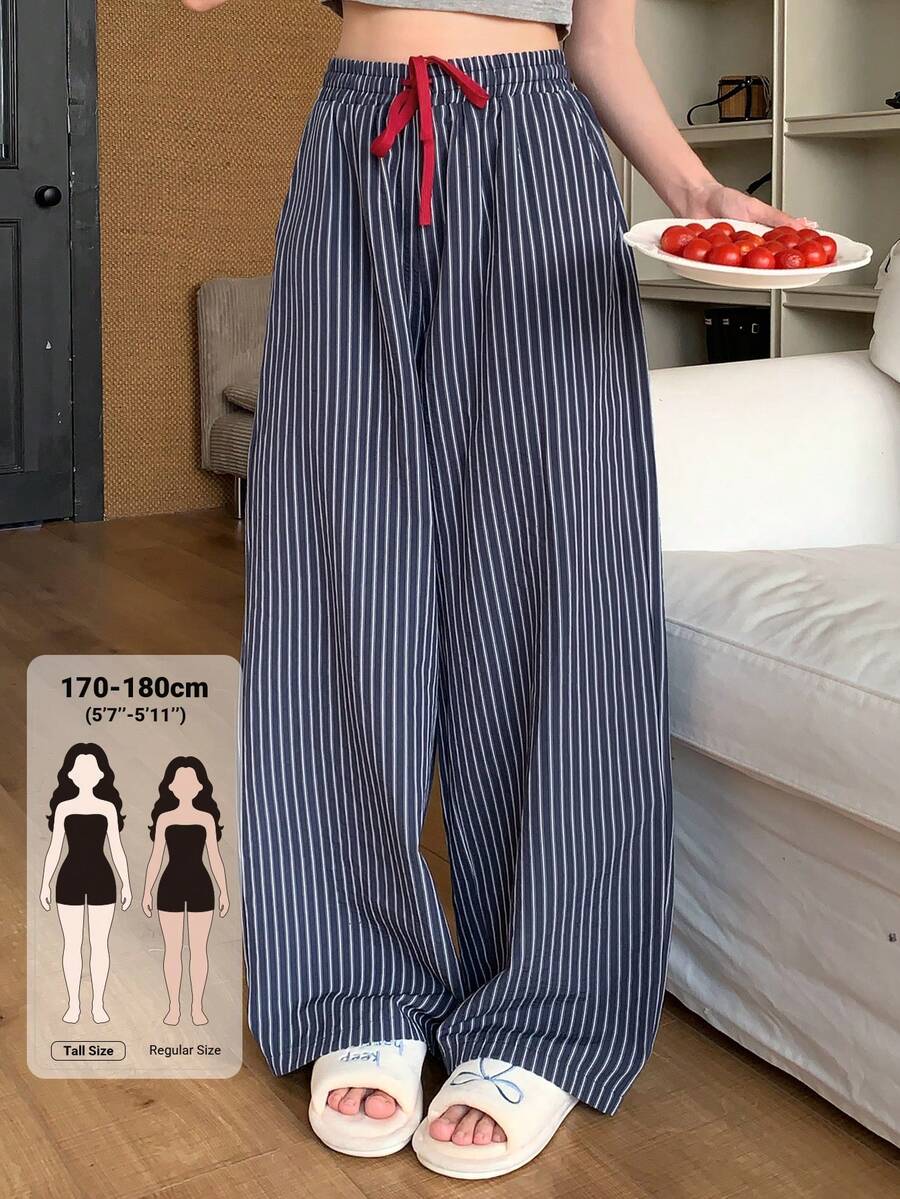 Dazy Tall Women's Elastic Waist Striped Loose Straight Leg Casual Pants - Navy Blue - View 1