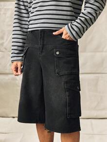 Norleigh Men's Pocketed Button Casual Cargo Capri Wide Leg Jeans, Versatile For Commuting And Outings - Black - View 6